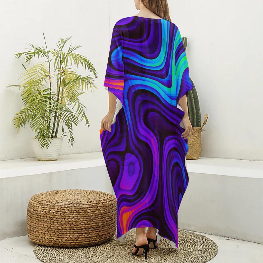 Dark Psychedelic Trippy Print Silk V-Neck Kaftan Dress