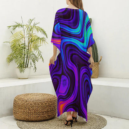 Dark Psychedelic Trippy Print Silk V-Neck Kaftan Dress