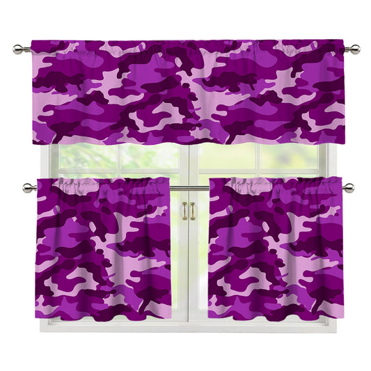 Dark Purple Camouflage Print 3 Piece Kitchen Curtains