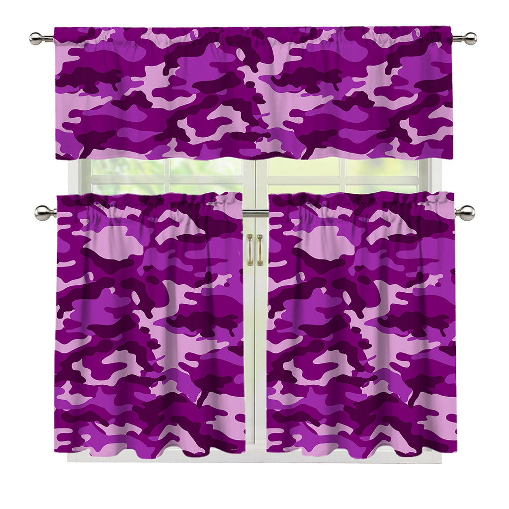Dark Purple Camouflage Print 3 Piece Kitchen Curtains