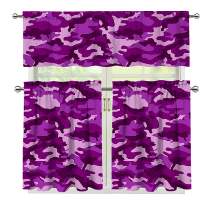 Dark Purple Camouflage Print 3 Piece Kitchen Curtains