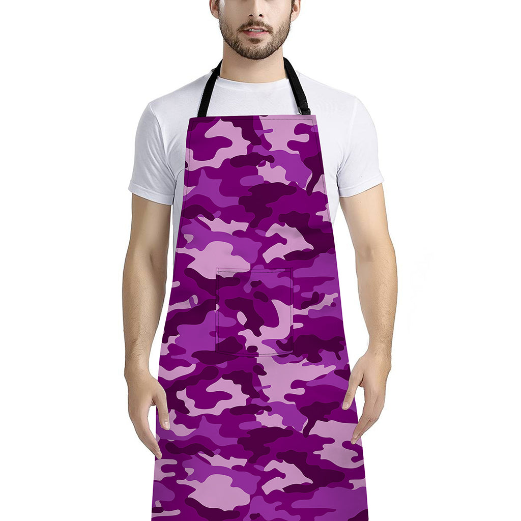 Dark Purple Camouflage Print Bib Apron With Pocket