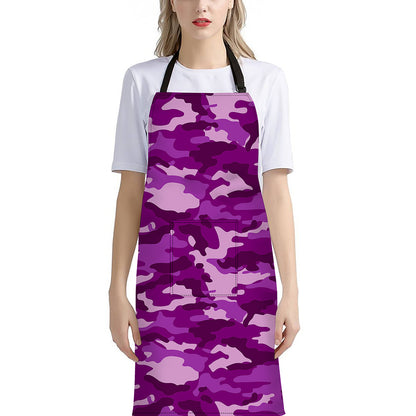 Dark Purple Camouflage Print Bib Apron With Pocket