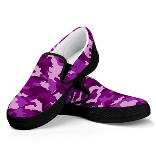 Dark Purple Camouflage Print Black Slip On Sneakers