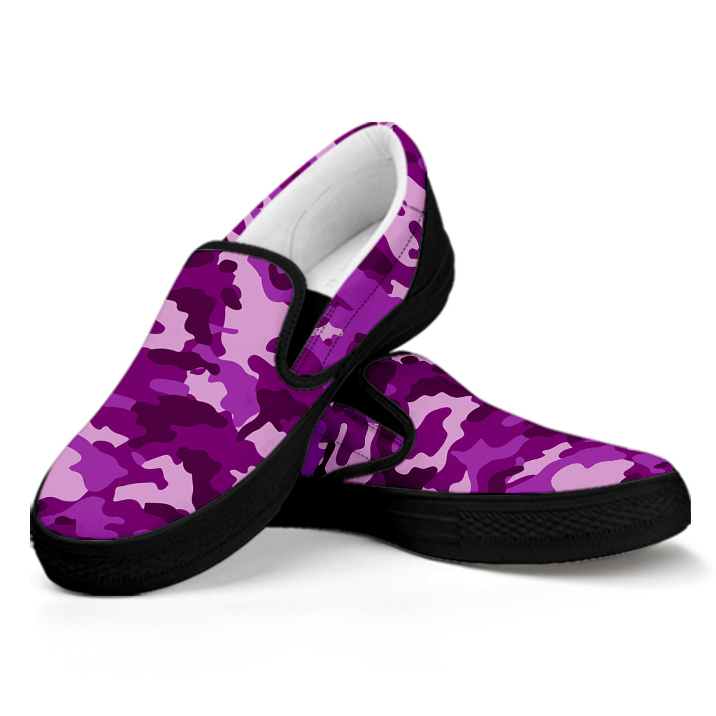 Dark Purple Camouflage Print Black Slip On Sneakers