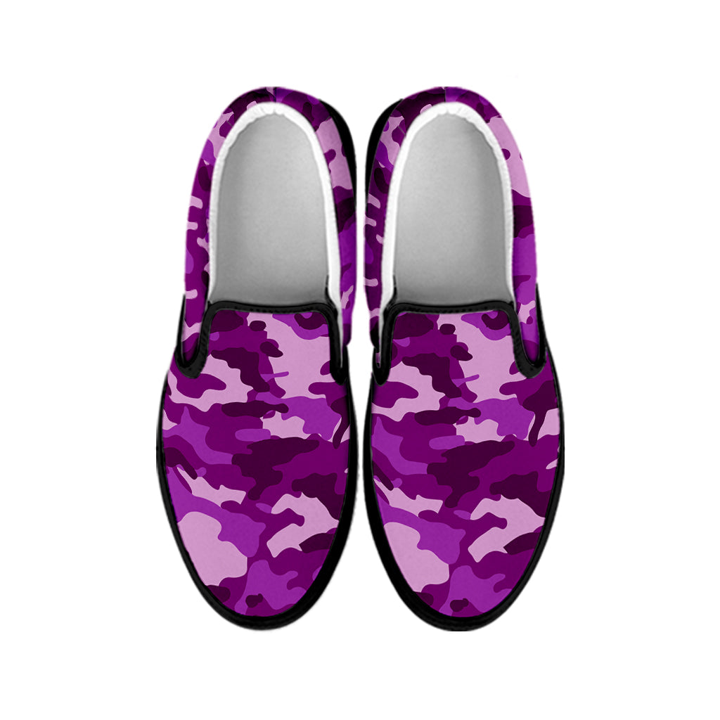 Dark Purple Camouflage Print Black Slip On Sneakers