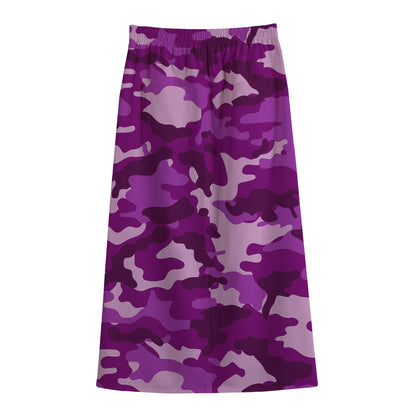 Dark Purple Camouflage Print Cotton Front Slit Maxi Skirt
