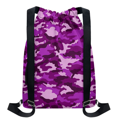 Dark Purple Camouflage Print Drawstring Backpack