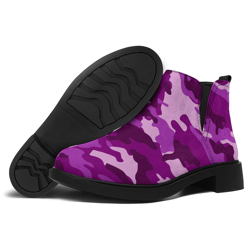 Dark Purple Camouflage Print Flat Ankle Boots