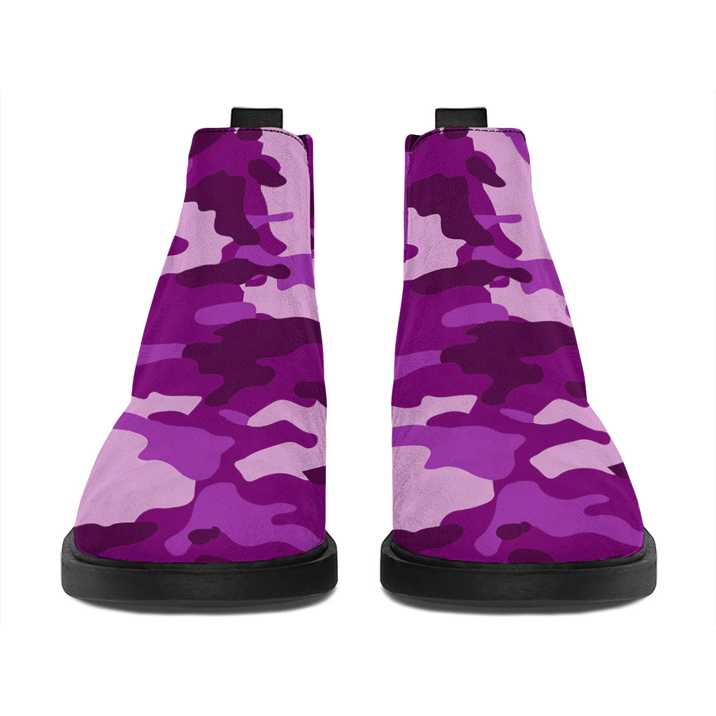 Dark Purple Camouflage Print Flat Ankle Boots