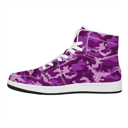 Dark Purple Camouflage Print High Top Leather Sneakers