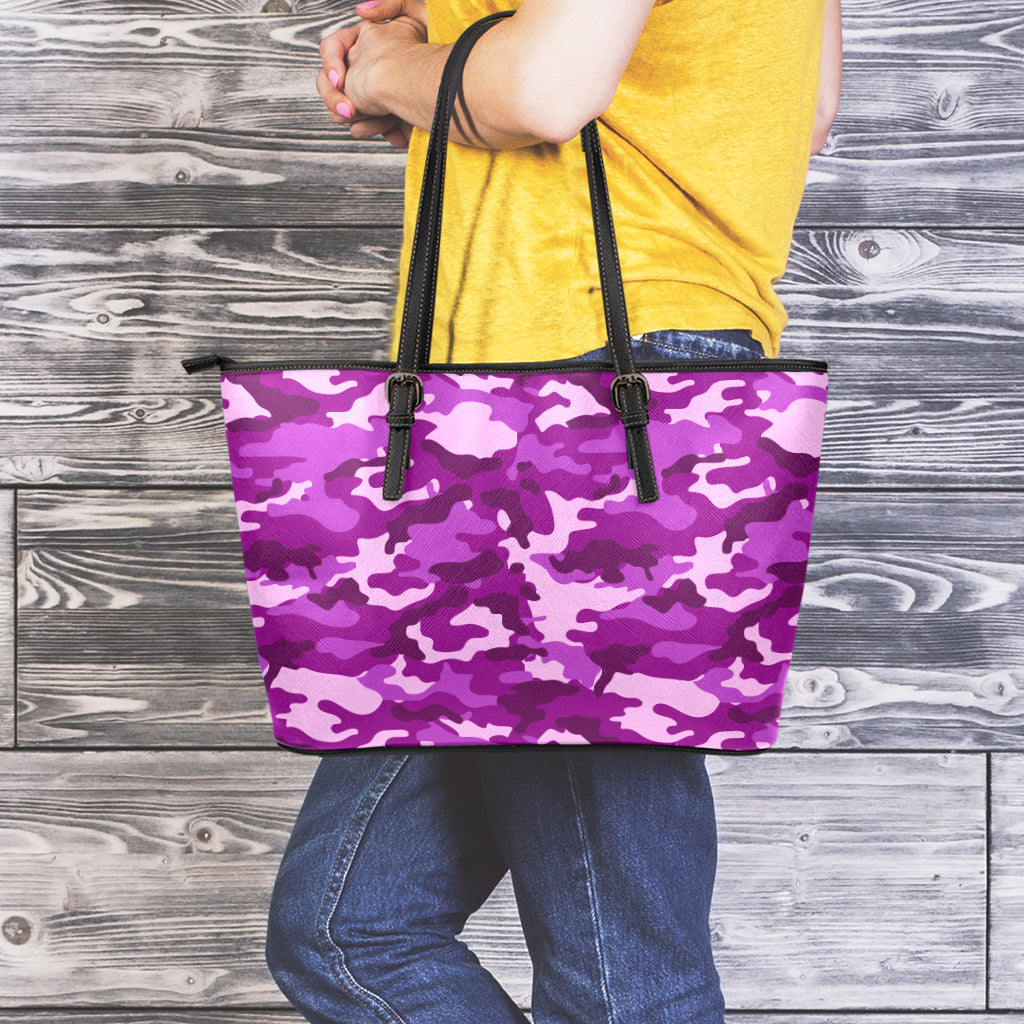 Dark Purple Camouflage Print Leather Tote Bag