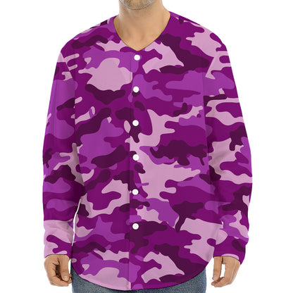 Dark Purple Camouflage Print Long Sleeve Baseball Jersey