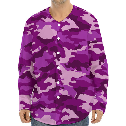 Dark Purple Camouflage Print Long Sleeve Baseball Jersey