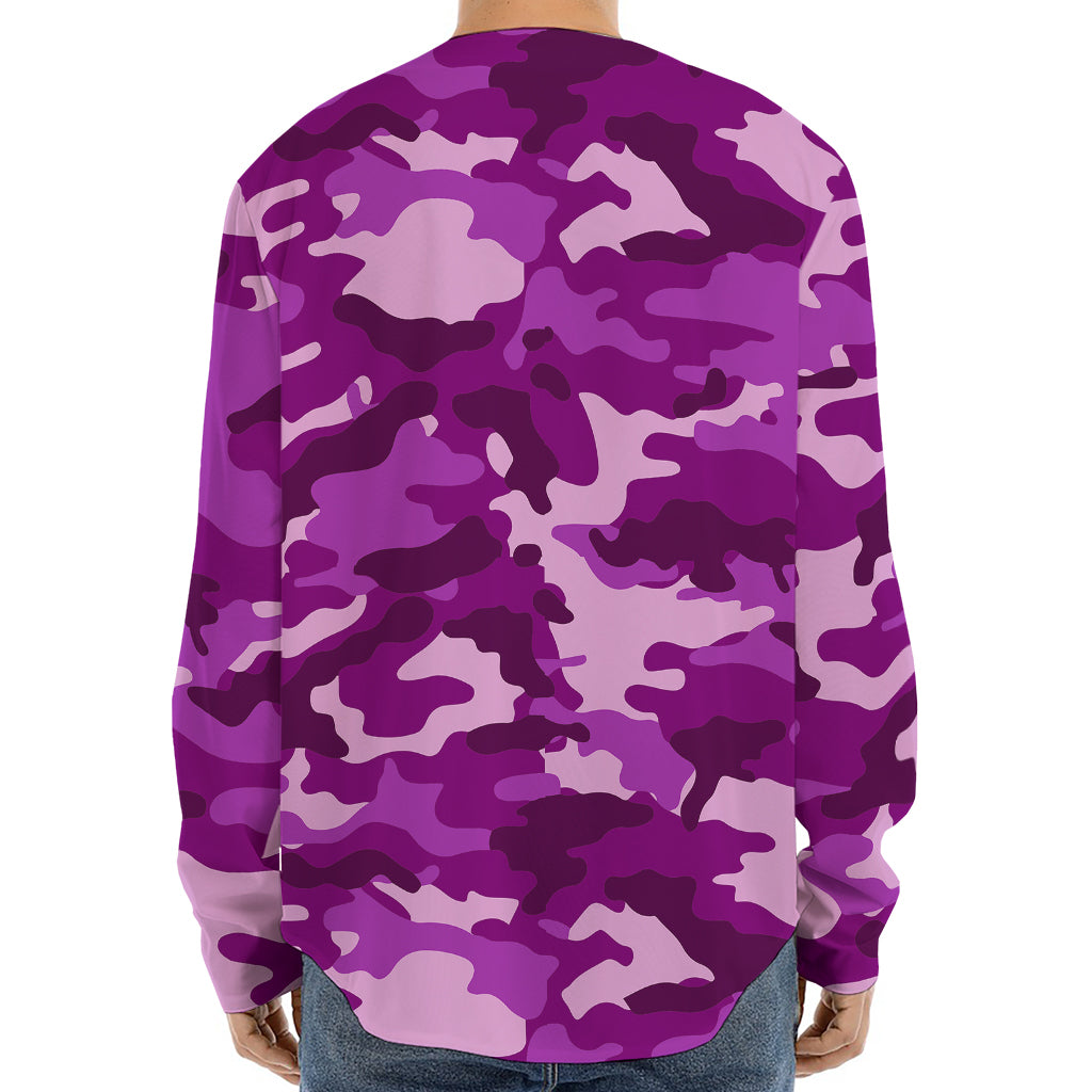 Dark Purple Camouflage Print Long Sleeve Baseball Jersey