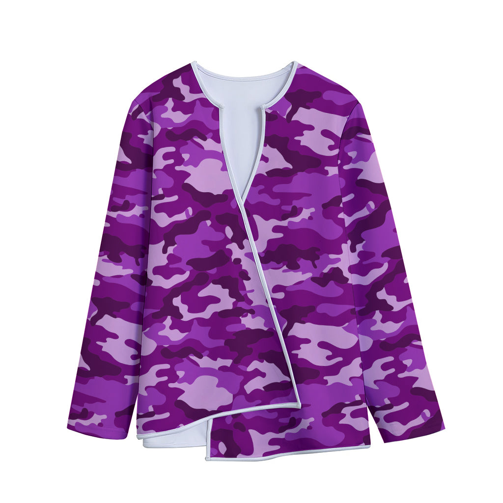 Dark Purple Camouflage Print Long Sleeve Short Coat
