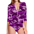 Dark Purple Camouflage Print Long Sleeve Swimsuit