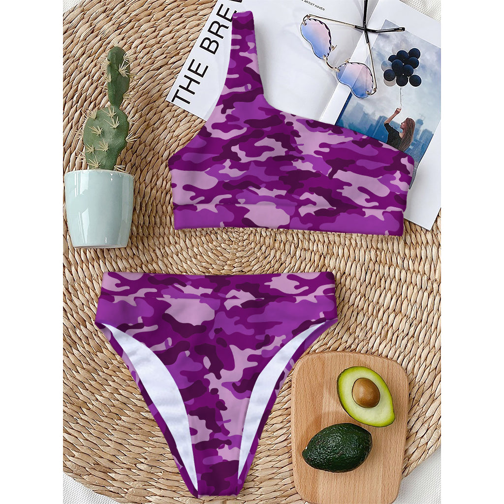 Dark Purple Camouflage Print One Shoulder Bikini Top