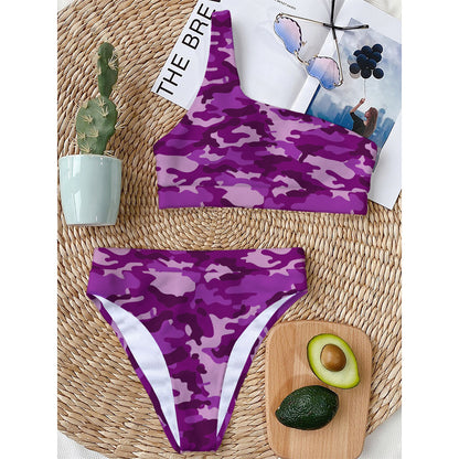 Dark Purple Camouflage Print One Shoulder Bikini Top