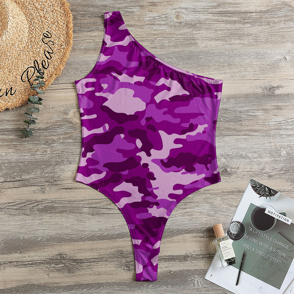 Dark Purple Camouflage Print One Shoulder Bodysuit