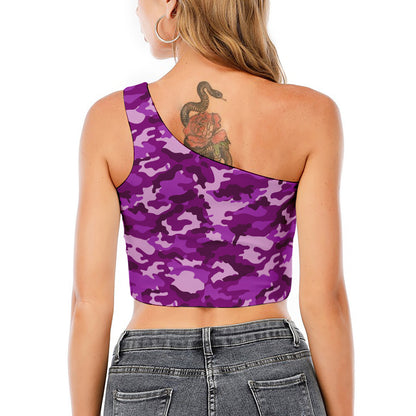 Dark Purple Camouflage Print One Shoulder Crop Top