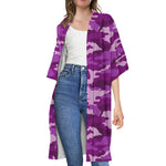 Dark Purple Camouflage Print Open Front Beach Cover Up