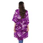 Dark Purple Camouflage Print Open Front Beach Cover Up