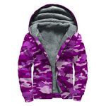Dark Purple Camouflage Print Sherpa Lined Zip Up Hoodie