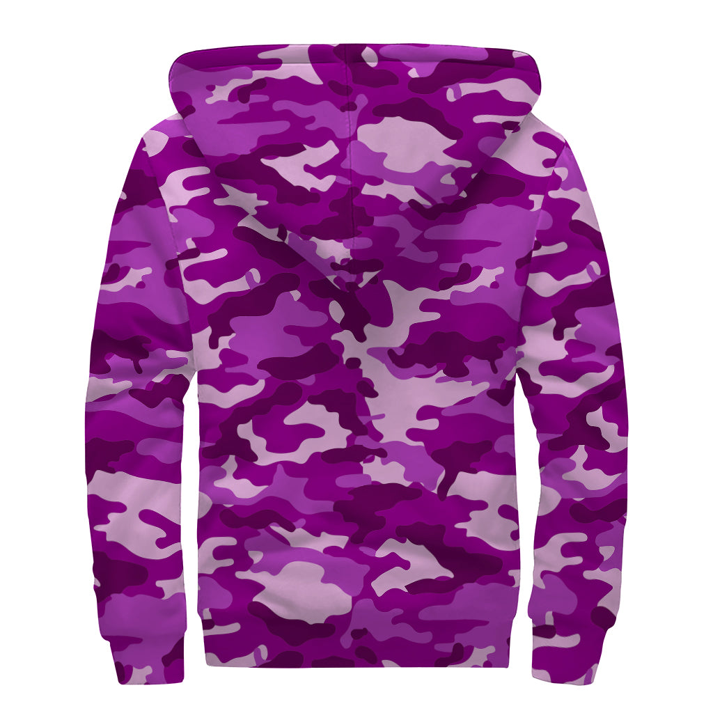 Dark Purple Camouflage Print Sherpa Lined Zip Up Hoodie