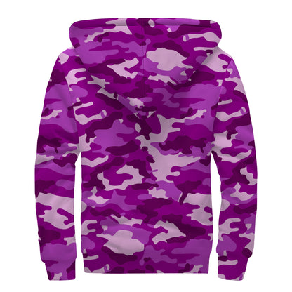 Dark Purple Camouflage Print Sherpa Lined Zip Up Hoodie