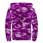 Dark Purple Camouflage Print Sherpa Lined Zip Up Hoodie