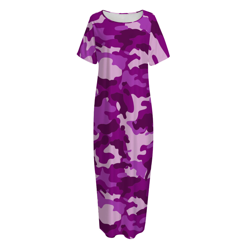 Dark Purple Camouflage Print Short Sleeve Long Nightdress