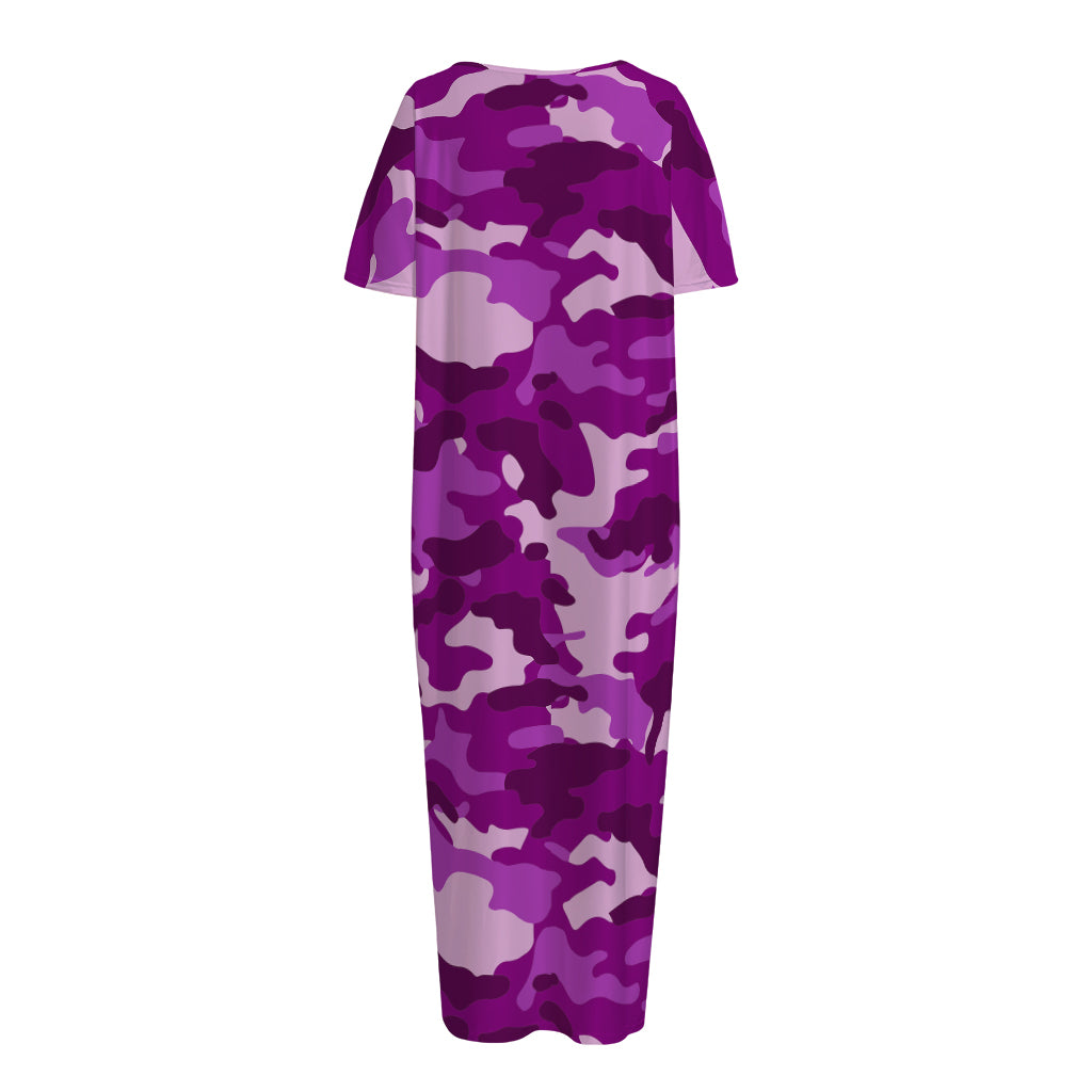 Dark Purple Camouflage Print Short Sleeve Long Nightdress