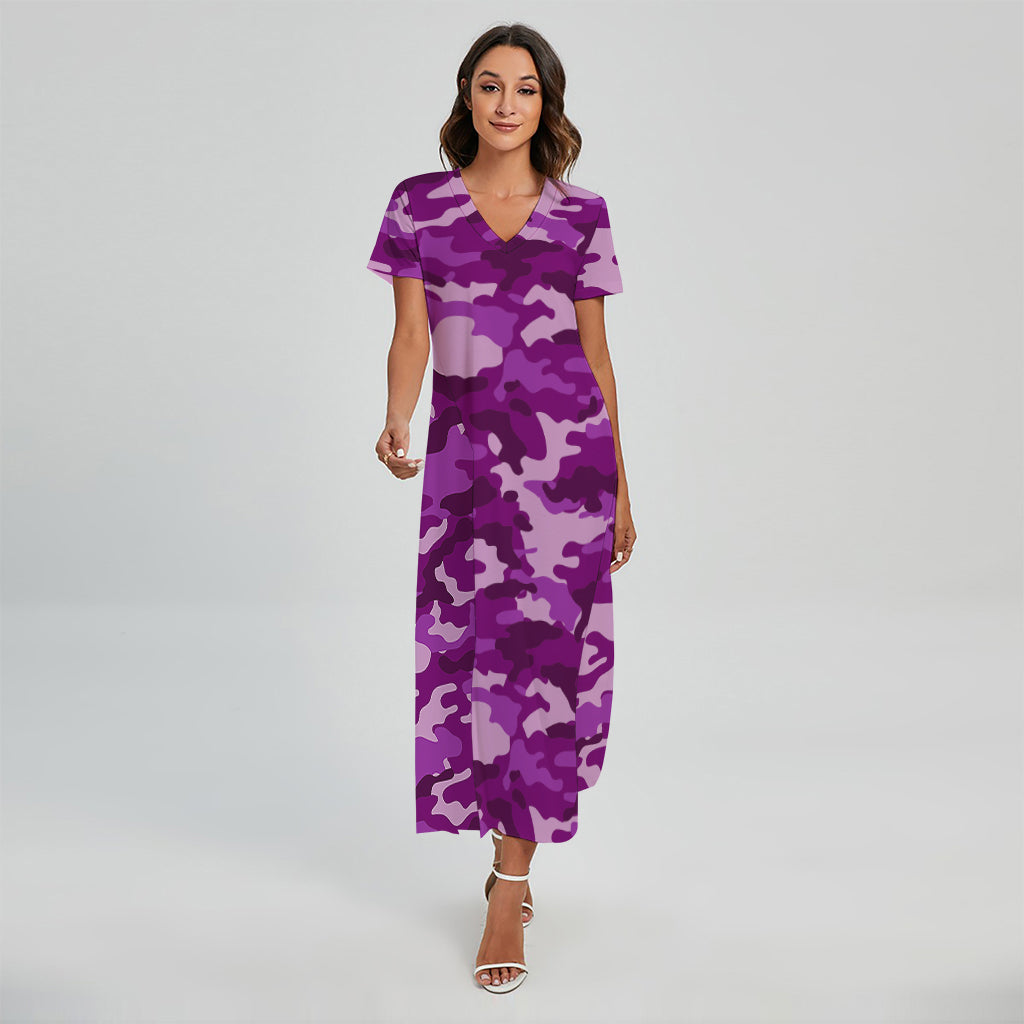 Dark Purple Camouflage Print Short Sleeve Maxi Dress