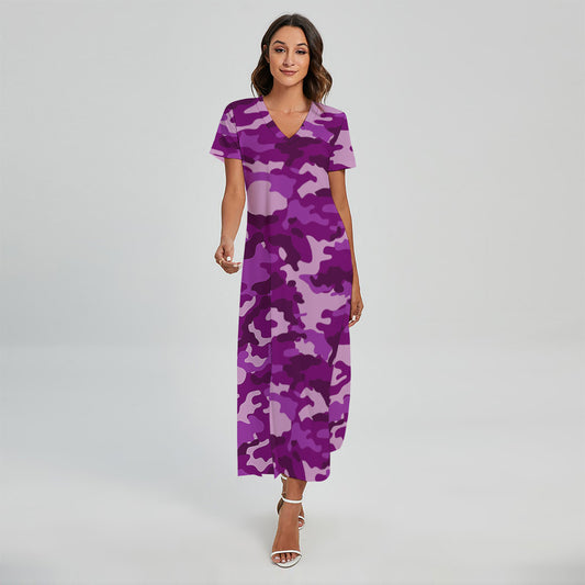 Dark Purple Camouflage Print Short Sleeve Maxi Dress