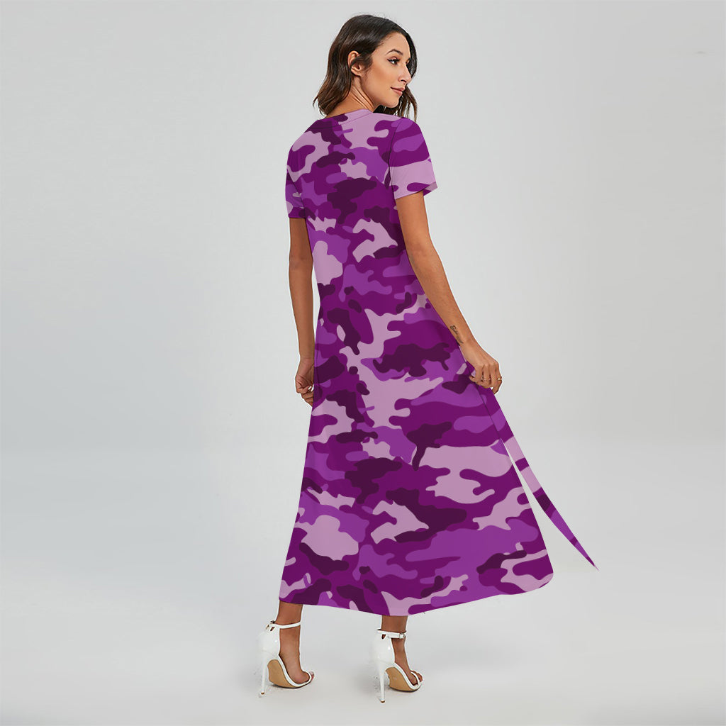 Dark Purple Camouflage Print Short Sleeve Maxi Dress