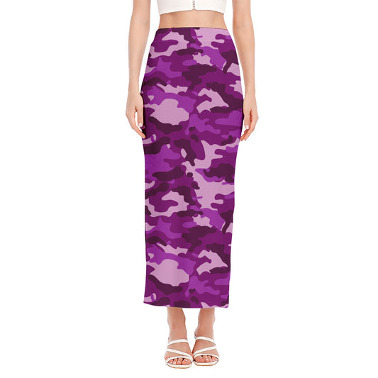 Dark Purple Camouflage Print Side Slit Maxi Skirt