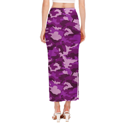 Dark Purple Camouflage Print Side Slit Maxi Skirt