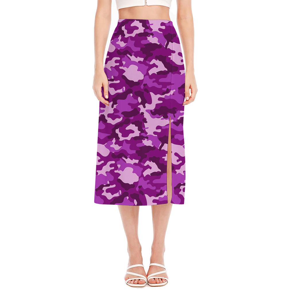 Dark Purple Camouflage Print Side Slit Midi Skirt