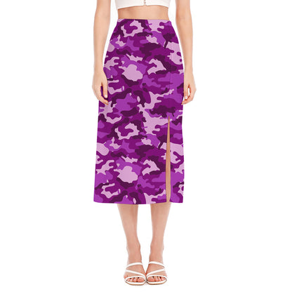 Dark Purple Camouflage Print Side Slit Midi Skirt