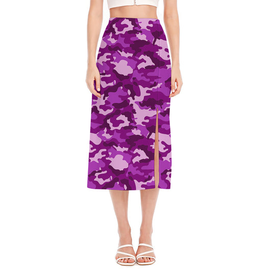 Dark Purple Camouflage Print Side Slit Midi Skirt