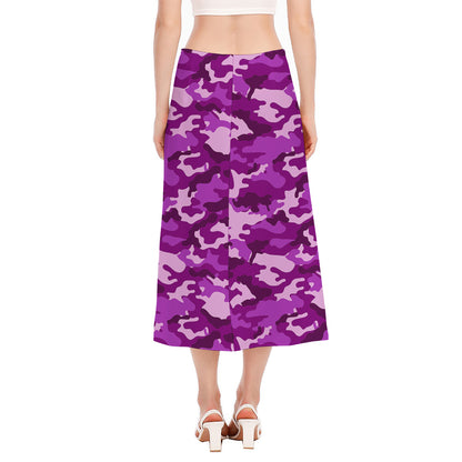 Dark Purple Camouflage Print Side Slit Midi Skirt
