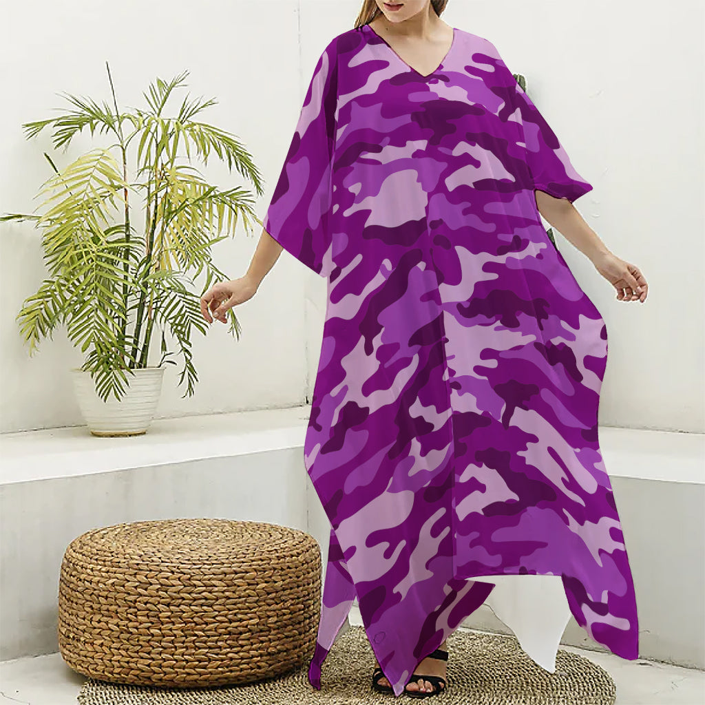 Dark Purple Camouflage Print Silk V-Neck Kaftan Dress
