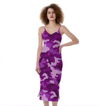 Dark Purple Camouflage Print Slim Fit Midi Cami Dress