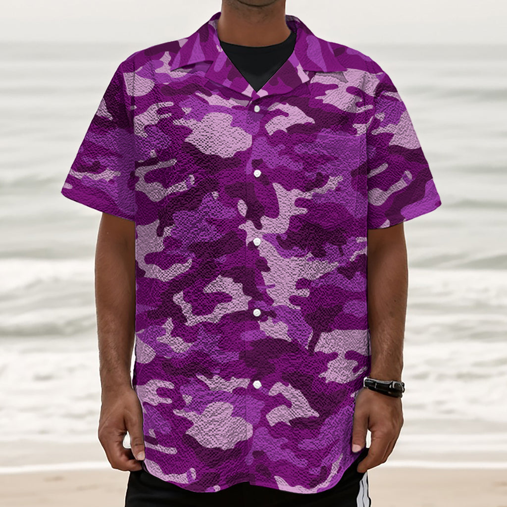 Dark Purple Camouflage Print Textured Short Sleeve Shirt