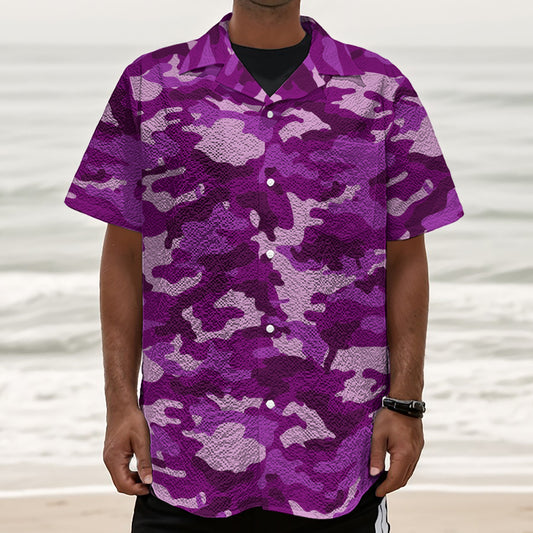 Dark Purple Camouflage Print Textured Short Sleeve Shirt