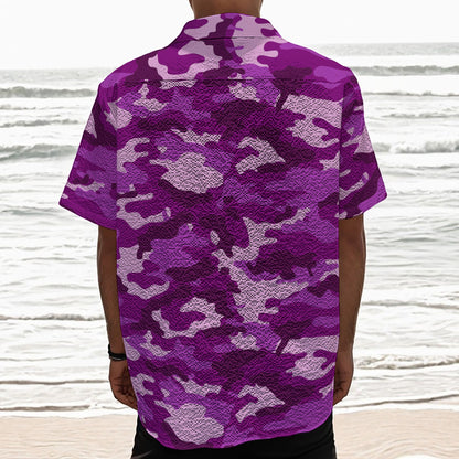Dark Purple Camouflage Print Textured Short Sleeve Shirt