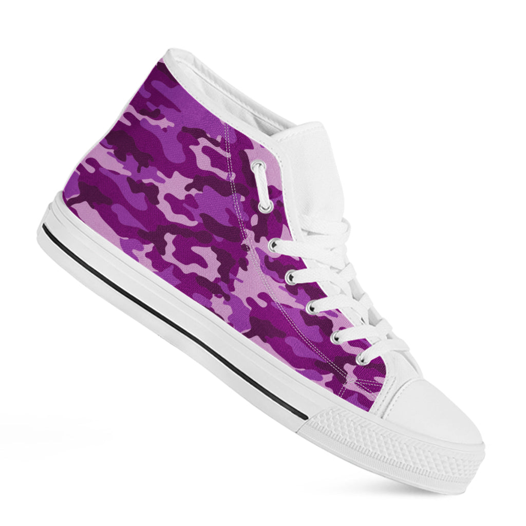 Dark Purple Camouflage Print White High Top Sneakers