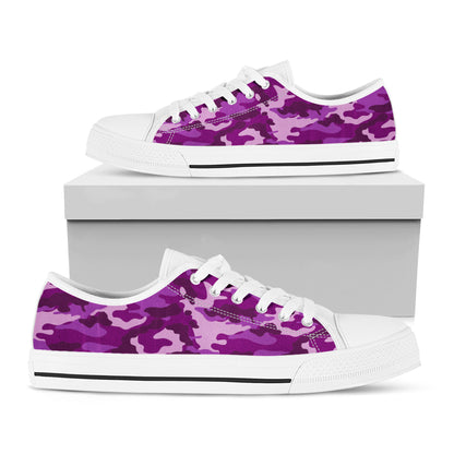 Dark Purple Camouflage Print White Low Top Sneakers