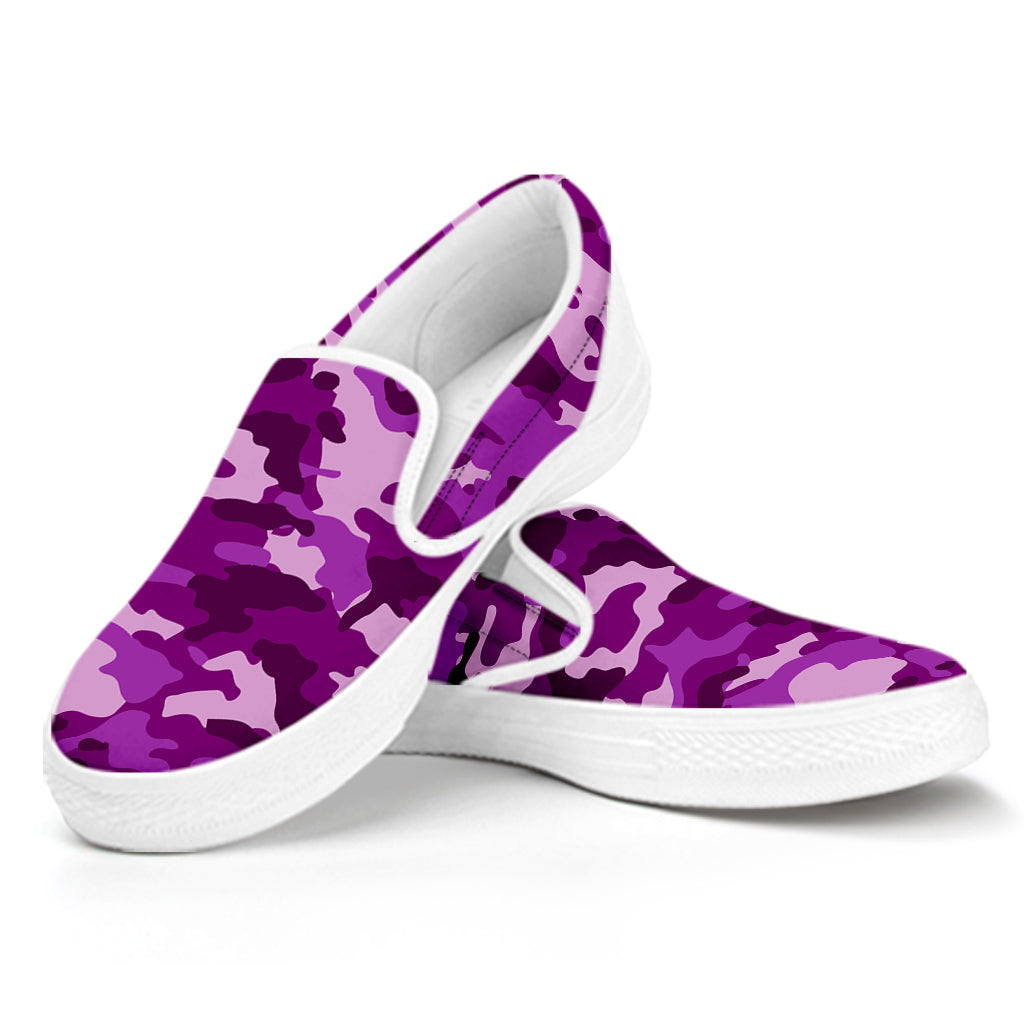 Dark Purple Camouflage Print White Slip On Sneakers